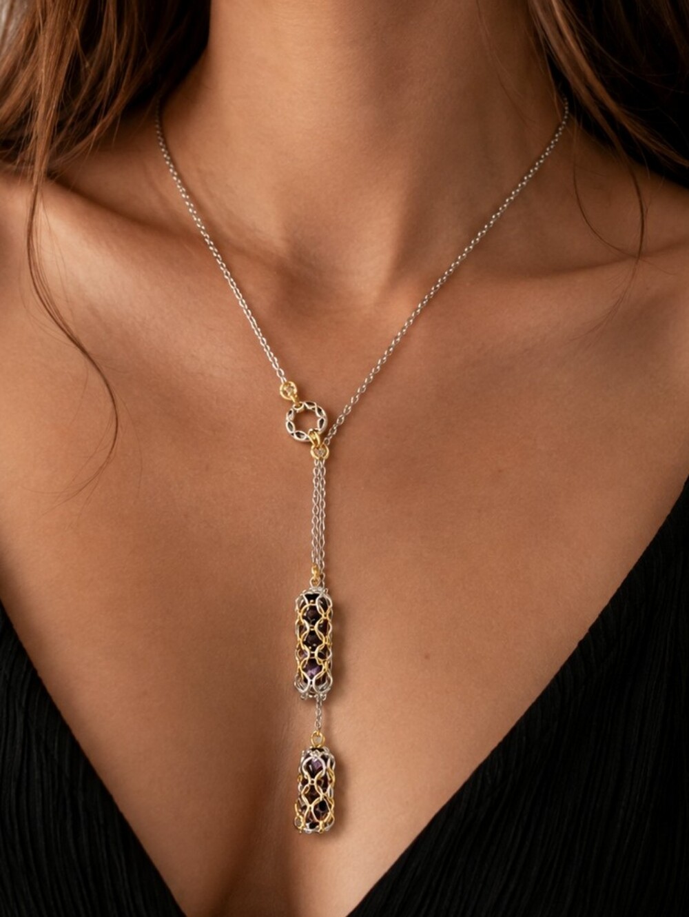 Handcrafted 24" Chainmaille Y- Necklace with Resin Beads, Silver & Gold Tone